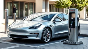 Tesla Model 3 sedan charging at modern public charging station, sleek silver vehicle with charging connector visible, contemporary urban setting with natural daylight