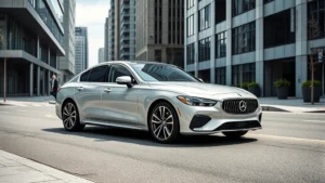 Sleek silver sedan parked on modern urban street with contemporary architecture backdrop, professional automotive photography, daytime lighting, three-quarter front angle view
