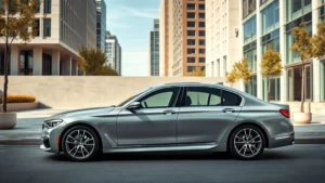 Luxury BMW 7 Series sedan in metallic silver parked in upscale urban setting with modern architecture, professional automotive photography style, daytime lighting