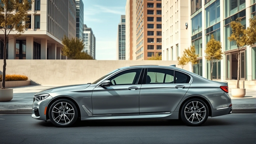 Luxury BMW 7 Series sedan in metallic silver parked in upscale urban setting with modern architecture, professional automotive photography style, daytime lighting