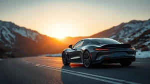 Premium luxury sports sedan photographed from three-quarter front angle on mountain road, golden hour lighting, snow-capped peaks background, modern aerodynamic design, professional automotive photography