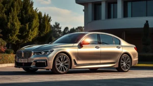 BMW 7 Series luxury sedan parked on elegant driveway with modern architecture background, premium metallic paint reflecting sunlight