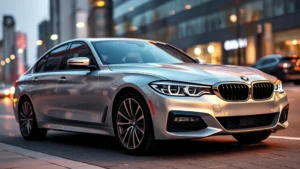Sleek silver BMW 340i sedan parked on modern urban street with blurred city lights in background, emphasizing luxury sports sedan design and turbocharged performance aesthetic