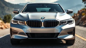 2024 BMW 3 Series luxury sedan in metallic silver, photographed from three-quarter front angle on mountain road, professional automotive photography, sharp focus on front grille and headlights, daylight