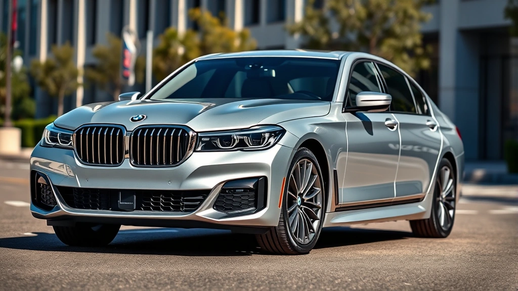 2024 BMW 7 Series luxury sedan in silver, three-quarter front view, sleek modern design, premium grille detail, photographed on clean asphalt with blurred urban background