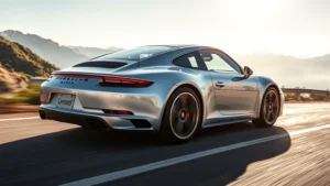 Porsche 911 Carrera S silver coupe photographed from three-quarter angle on mountain road, dynamic driving perspective, sunlight reflecting off polished bodywork