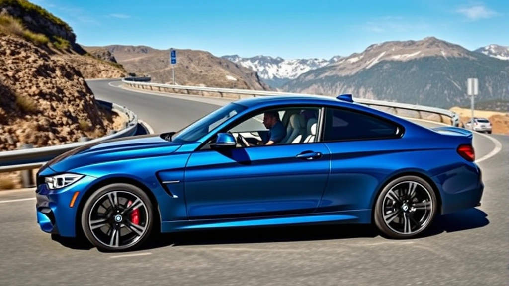 Luxury BMW M440i xDrive sedan in metallic blue, photographed at three-quarter angle on winding mountain road with premium interior visible through windows, showcasing sophisticated design and performance aesthetic