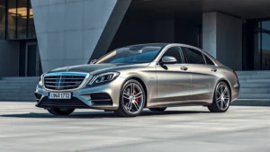Luxury Mercedes-Benz S-Class sedan parked in front of modern architecture, sleek design, premium materials visible, professional automotive photography, daytime lighting