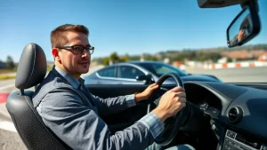 Professional automotive test driver evaluating vehicle handling dynamics on closed course track, focused expression, sunny conditions, modern sports sedan in background