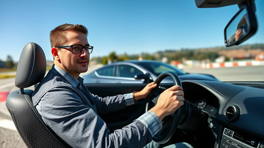 Professional automotive test driver evaluating vehicle handling dynamics on closed course track, focused expression, sunny conditions, modern sports sedan in background