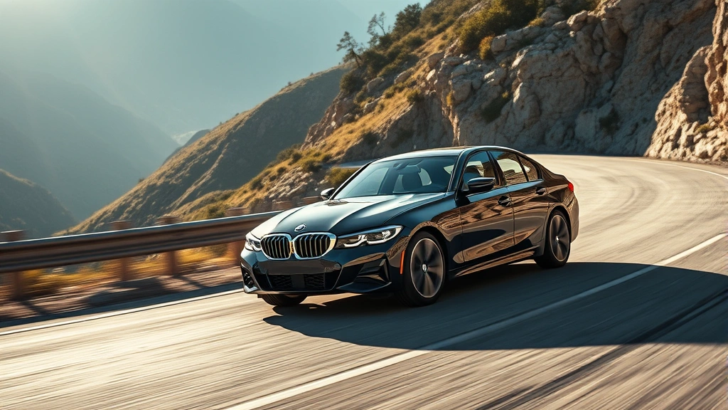 2024 BMW 3 Series sedan driving on winding mountain road, sunlight reflecting off polished exterior, precise handling dynamics emphasized, professional automotive photography