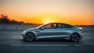 Modern electric sedan in silver, sleek design with aerodynamic profile, photographed at sunset on empty highway, glowing headlights, premium finish, no visible branding or text