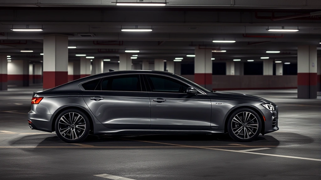 Modern luxury sedan parked in urban setting, sleek design, professional lighting, sophisticated metallic paint, empty parking garage background