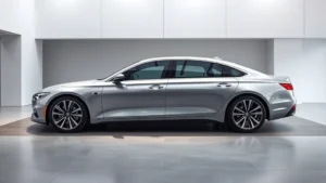 Sleek metallic silver 2024 luxury sedan photographed from three-quarter angle in contemporary showroom setting with minimalist background and professional lighting