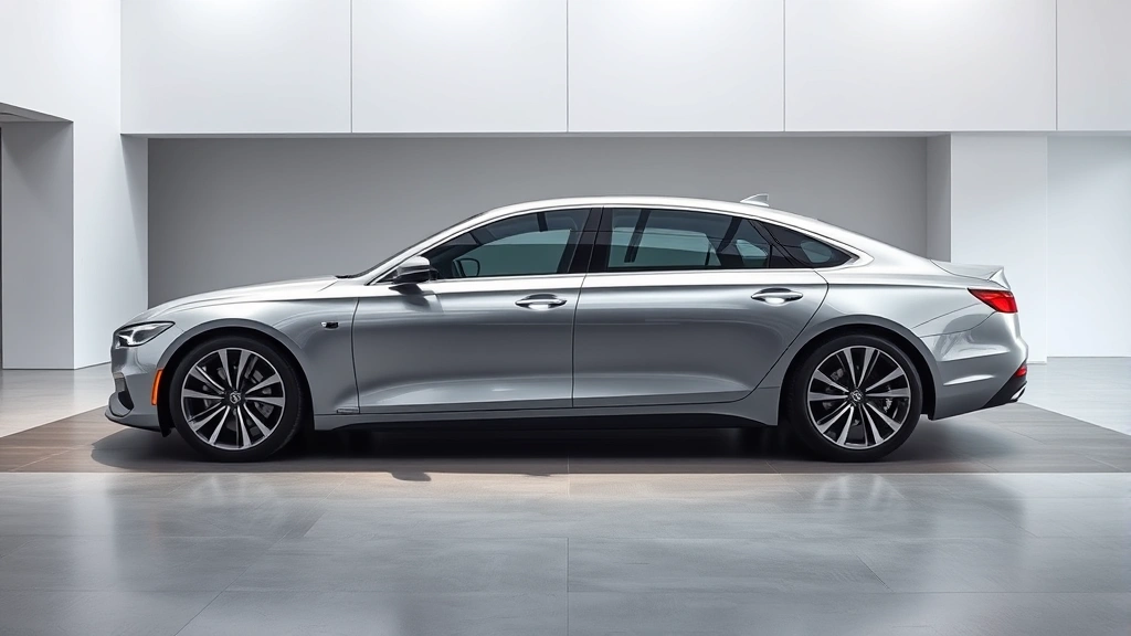 Sleek metallic silver 2024 luxury sedan photographed from three-quarter angle in contemporary showroom setting with minimalist background and professional lighting