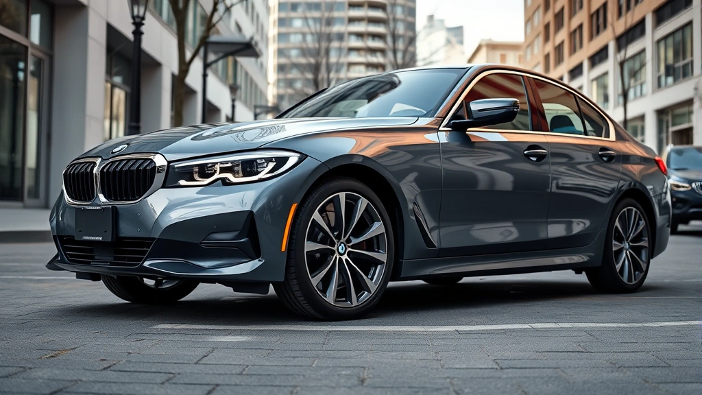 Professional photograph of sleek gray BMW 340i xDrive sedan parked on modern urban street, showcasing front quarter panel, LED headlights, and premium alloy wheels, bright daylight