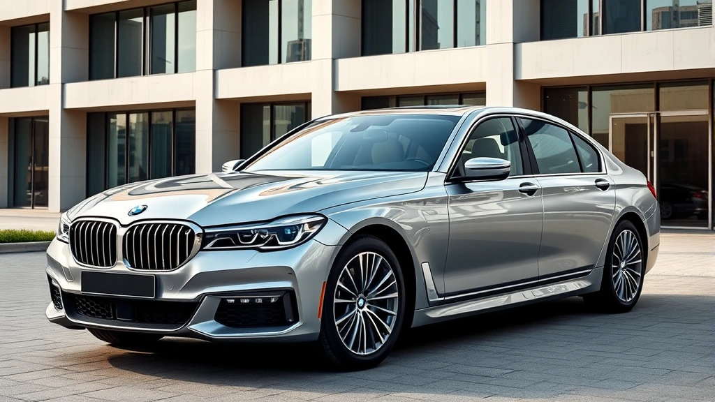 Sleek BMW 7 Series sedan in metallic silver parked in front of modern architectural building, three-quarter front angle, premium luxury details visible, natural daylight photography