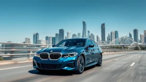 Sleek 2024 BMW 3 Series sedan in metallic blue driving through modern urban highway with city skyline in background, professional automotive photography