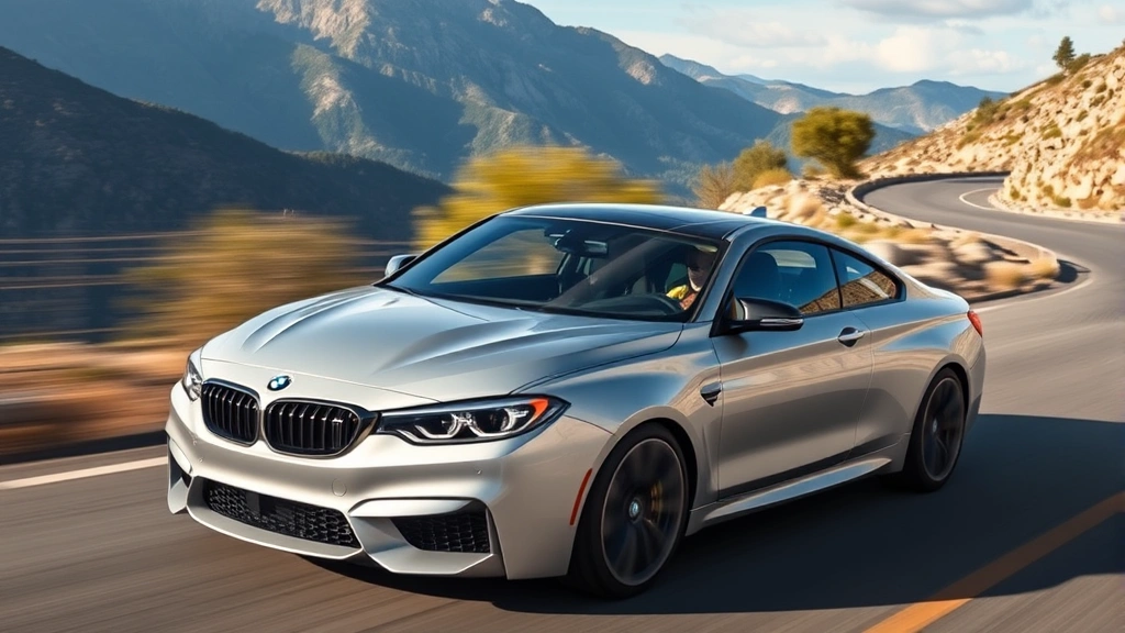 Sleek silver BMW M440i sedan in motion on mountain road, dynamic angle showing turbocharged performance and luxury design elements