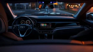 2024 premium sedan dashboard with ambient lighting and modern infotainment touchscreen display, interior close-up shot showing luxury materials and steering wheel