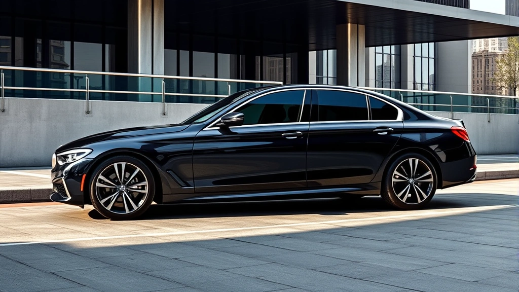 Sleek luxury sedan parked in modern urban setting with contemporary architecture, premium paint finish reflecting sunlight, professional automotive photography style