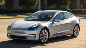 Tesla Model 3 Performance variant from front-left angle, silver metallic paint, sleek minimalist design, modern EV sedan, professional automotive photography, daylight outdoor setting