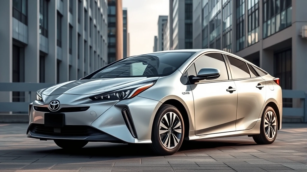 Sleek silver Toyota Prius 2024 model parked in modern urban setting with contemporary architecture background, showcasing aerodynamic design and refined styling without visible badging