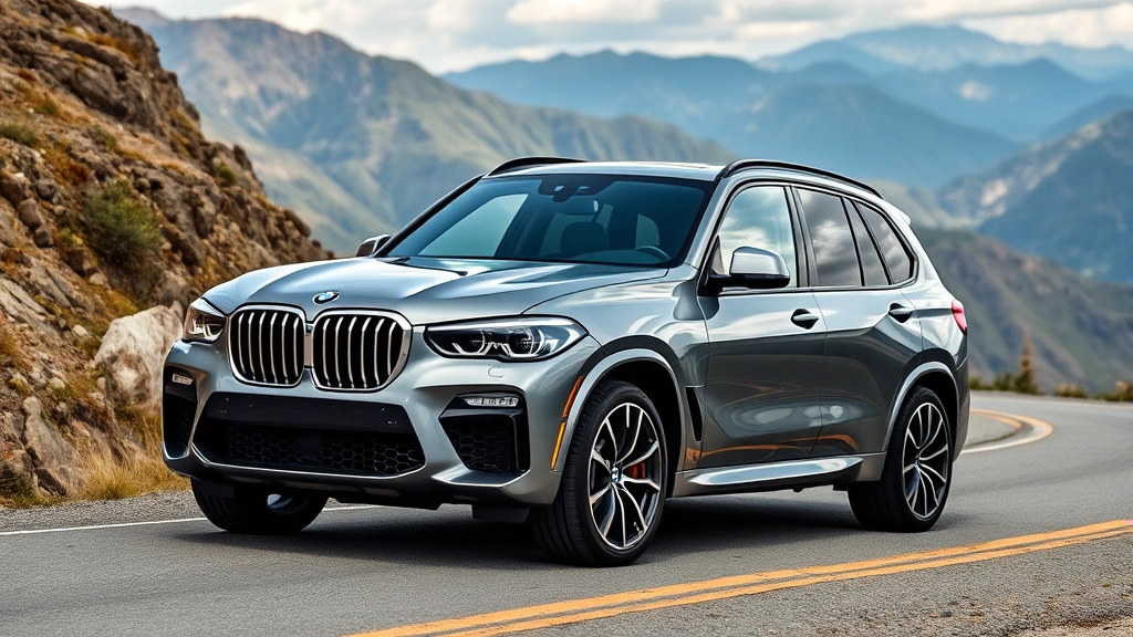 2024 BMW X5 M in metallic gray, three-quarter front view on mountain road, dynamic angle, professional automotive photography, no text or badges visible