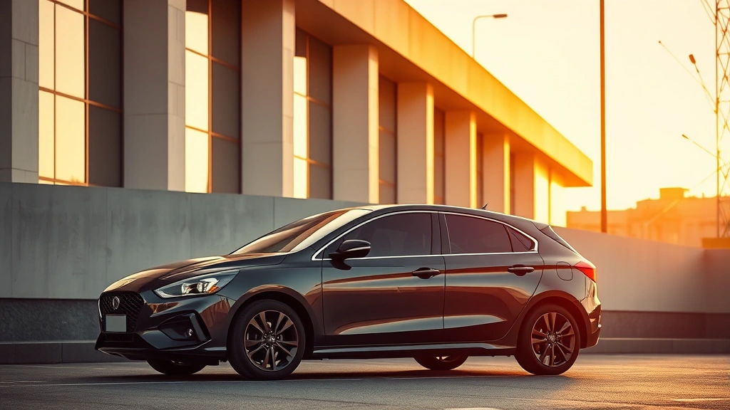 Luxury compact sedan parked in modern urban setting with minimalist architecture, golden hour lighting, professional automotive photography style, no visible text or badges