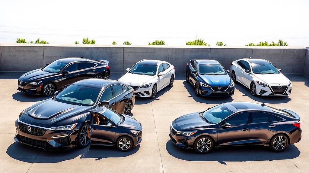 2023 sedan lineup showcasing modern design elements, sleek profiles, and premium finishes in natural daylight setting with multiple models displayed