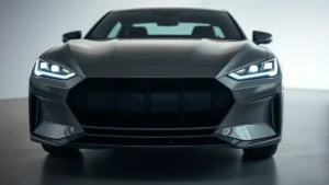 2024 luxury sedan front three-quarter view, sleek design, premium headlights, professional automotive photography lighting