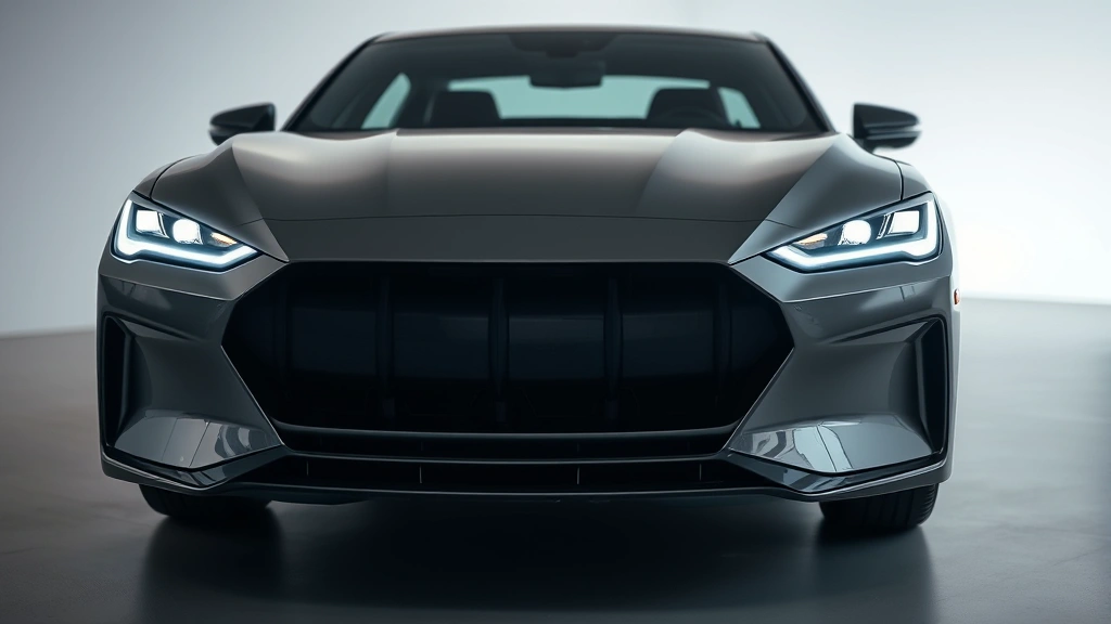 2024 luxury sedan front three-quarter view, sleek design, premium headlights, professional automotive photography lighting