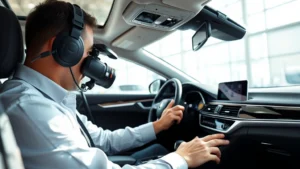 Professional automotive journalist reviewing luxury sedan interior, examining controls and materials in bright daylight showroom setting