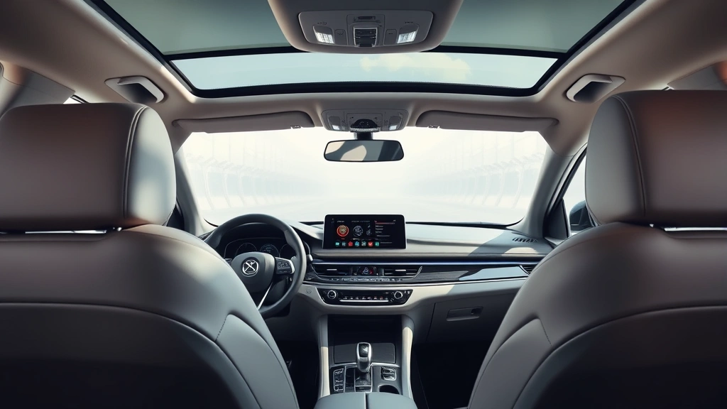 Luxury sedan interior dashboard with premium leather seats and advanced infotainment system, modern minimalist design, natural lighting through panoramic window, automotive photography studio setting