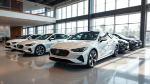 Wide-angle view of modern 2024 sedan lineup displayed in luxury showroom with contemporary architecture, natural daylight streaming through large windows, multiple sedans in metallic silver, pearl white, and deep blue finishes