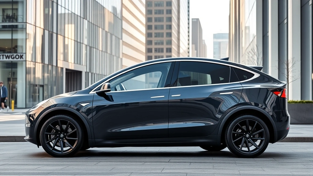 Modern sleek Tesla Model Y electric crossover parked in contemporary urban setting with glass buildings and clean pavement, daytime natural lighting, professional automotive photography style