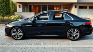 Sleek luxury sedan parked in modern driveway, premium leather interior visible through windows, professional automotive photography style