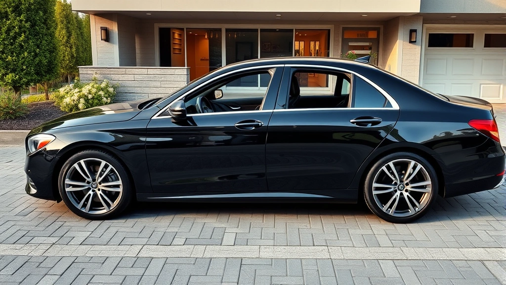 Sleek luxury sedan parked in modern driveway, premium leather interior visible through windows, professional automotive photography style