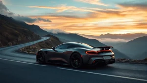 Sleek 2024 sports car in profile view on winding mountain road with dramatic sky, photorealistic automotive photography
