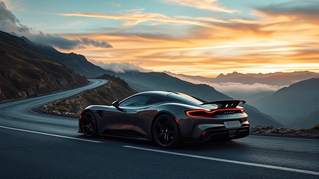 Sleek 2024 sports car in profile view on winding mountain road with dramatic sky, photorealistic automotive photography