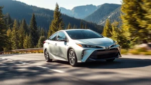 2024 Toyota Prius hybrid sedan in silver driving on scenic mountain road with evergreen trees, bright sunlight, professional automotive photography style