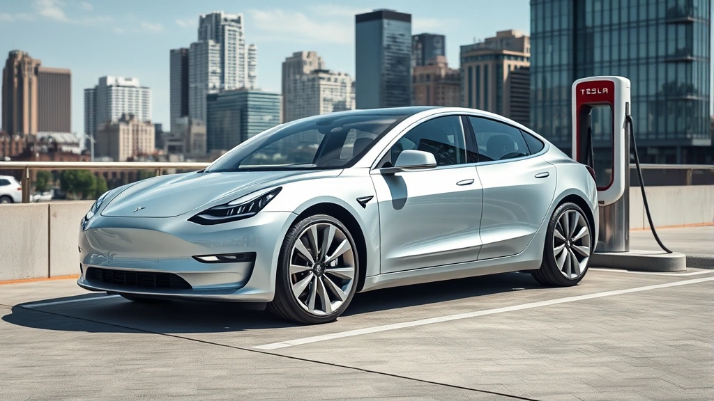 Sleek silver Tesla Model 3 sedan parked on modern charging station with urban skyline background, professional automotive photography, daytime, clear conditions