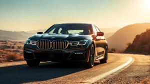2024 BMW 7 Series luxury sedan front three-quarter view on winding mountain road, premium interior visible through windows, afternoon sunlight, cinematic lighting