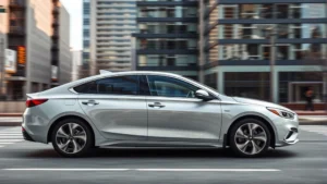 Modern hybrid sedan with sleek design driving on urban city street with modern buildings in background, showing hybrid badge detail on side panel, professional automotive photography