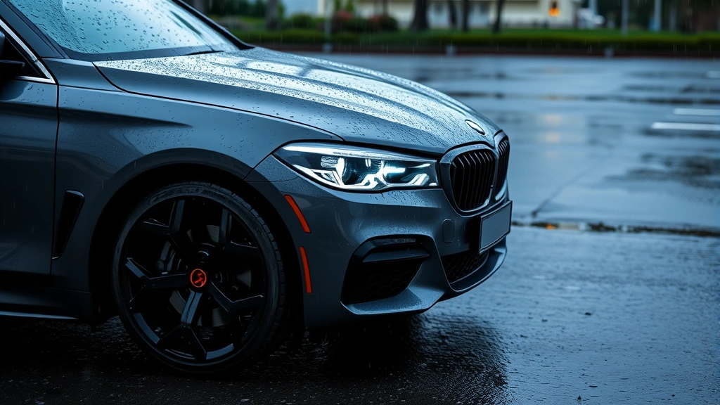 Premium sedan parked on wet asphalt, showcasing sleek profile and modern LED headlights with rain droplets on glass, professional automotive photography