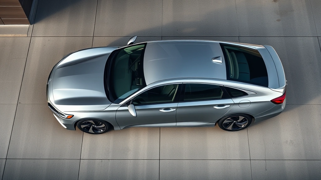 Professional overhead shot of sleek 2024 Honda Accord in metallic silver, photographed on polished concrete with modern urban background, showcasing sedan profile and design lines