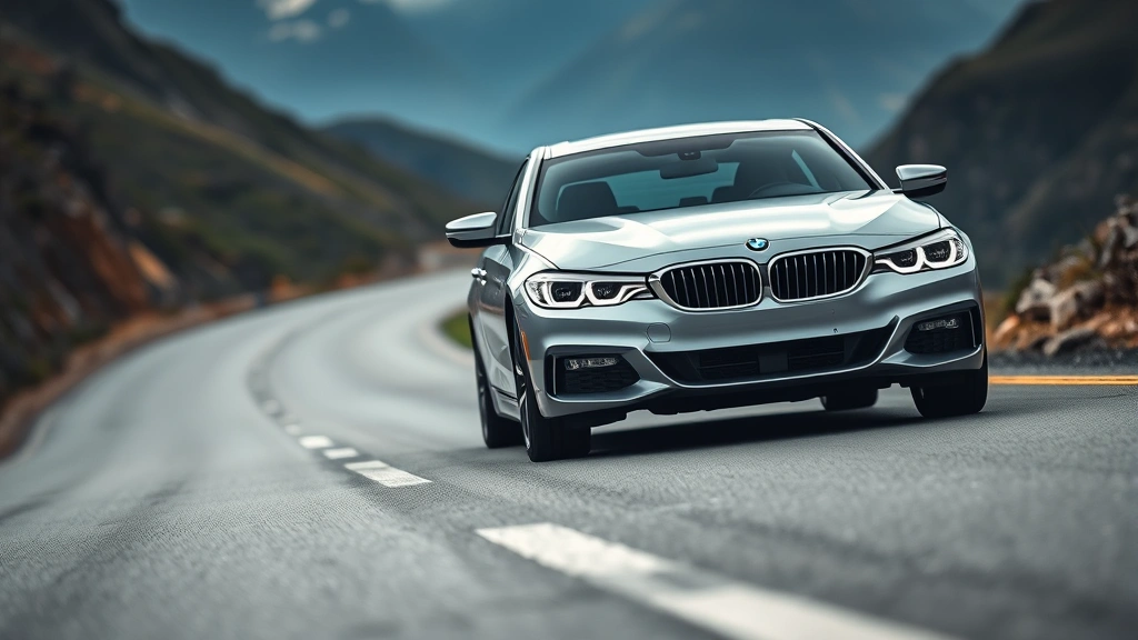 Sleek silver BMW 3 Series sedan photographed from three-quarter front angle on a winding mountain road, professional automotive lighting, sharp focus on grille and headlights, blurred landscape background