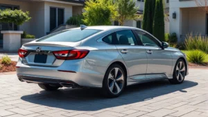 2024 Honda Accord silver sedan parked on modern driveway, three-quarter view, daylight, clean professional photography, no text visible
