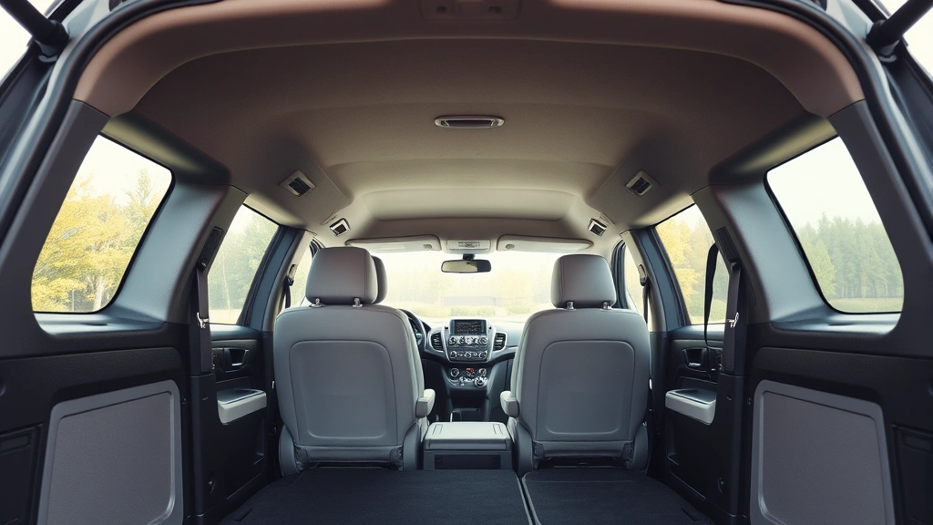 Wide-angle interior shot of minivan cabin showing flexible seating configuration with second-row seats reclined, showing spacious cargo area and family-friendly features, bright natural lighting from panoramic windows