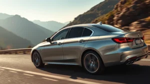 Luxury sedan side profile, premium sedan in silver driving on mountain road, professional automotive photography, natural lighting, high-end vehicle showcase